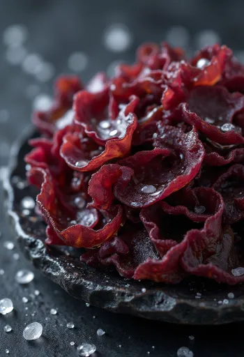Folhas de Alga Dulse seca com sua cor vermelho-púrpura característica.