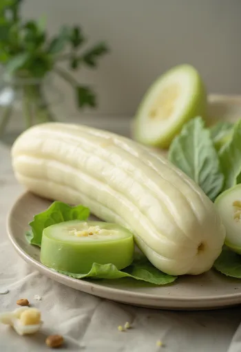 Abobrinha fresca cortada ao meio sobre tábua de corte