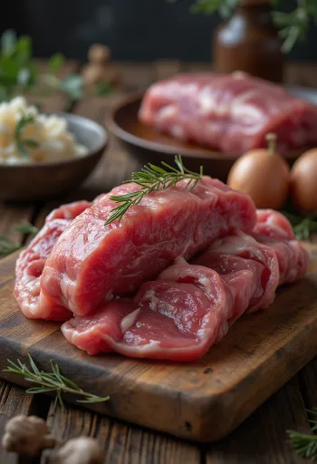 Pedaços de carne de caça fresca com zimbro, alecrim e alho