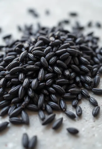 Arroz selvagem cru com grãos longos e escuros em tigela de cerâmica