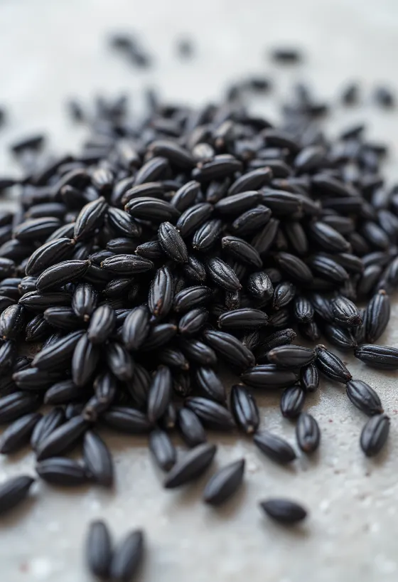 Arroz selvagem cru com grãos longos e escuros em tigela de cerâmica