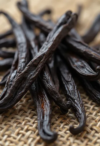 Favas de baunilha secas sobre bancada de madeira, aspecto natural e rústico