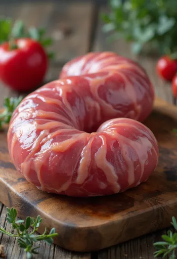 Filés de rim cru limpos e fatiados em tábua de madeira