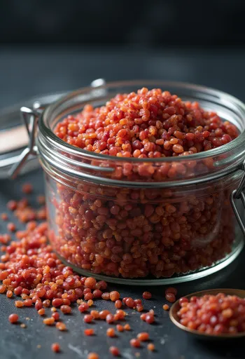 Grãos de quinoa vermelha crus, com cor vibrante e textura natural.