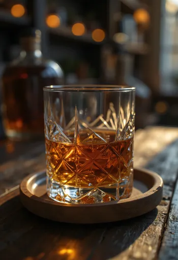 Garrafa e copo de whiskey com grãos de cevada e barril de carvalho ao fundo