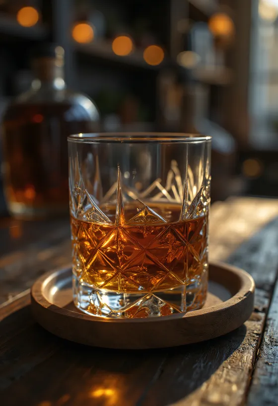 Garrafa e copo de whiskey com grãos de cevada e barril de carvalho ao fundo