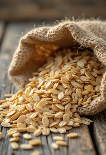 Grãos de aveia limpos em pequeno saco e espalhados em superfície de madeira