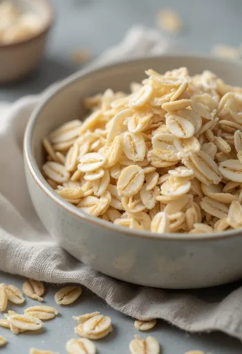 Flocos de aveia crus em tigela de cerâmica espalhados sobre madeira