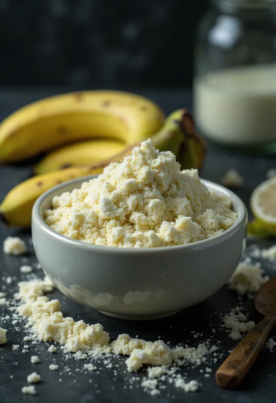 Farinha de banana verde em tigela e colher, cercada de bananas verdes
