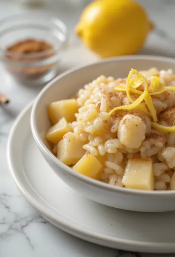 Arroz doce com maçã caramelizada servido em tigela