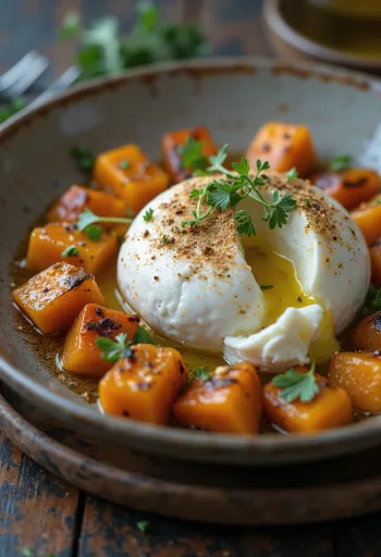 Burrata com batata doce assada, servida com salsa fresca