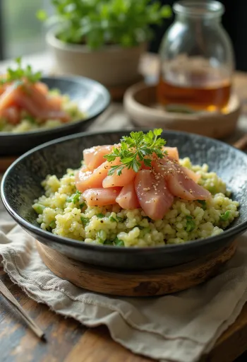 Tigela de Chirashi servida com alga verde e vegetais frescos