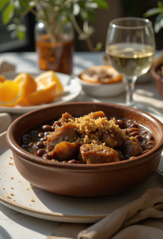 Feijoada servida com feijão preto e carnes defumadas