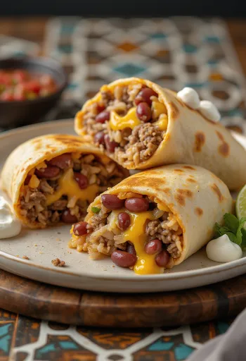 Burrito clássico recheado com carne moída, arroz, feijão e queijo