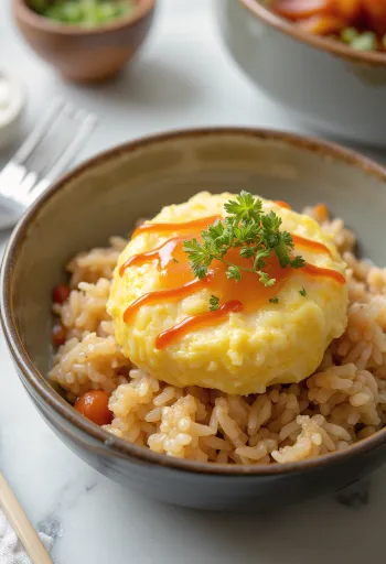 Omurice Don, prato japonês de arroz com omelete servido