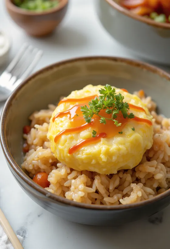Omurice Don, prato japonês de arroz com omelete servido