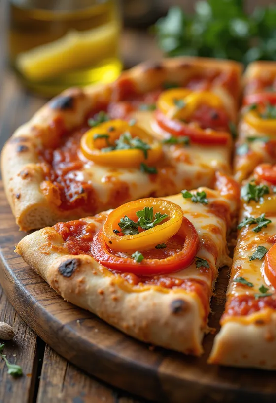 Pizza ai Peperoni com pimentões coloridos e mussarela