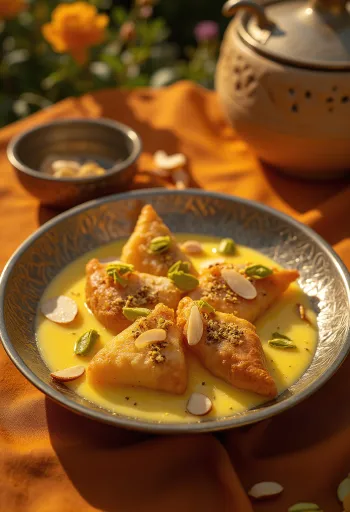 Shahi Tukda com rabri, decorado com amêndoas e pistache