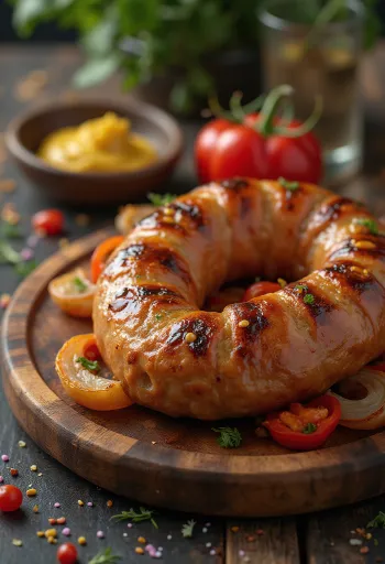 Linguiça assada dourada, com pele crocante e servida com ervas frescas