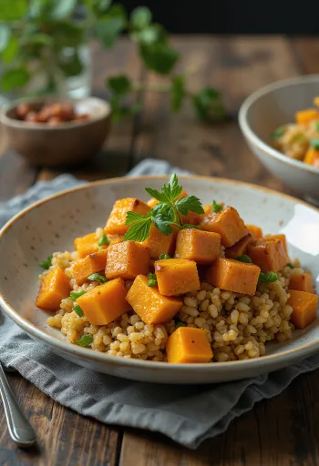 Wok de quinoa e abóbora servido com molho de tahine ao curry, limão e tofu