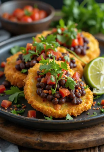 Tostón com Feijão, pão torrado decorado com feijão, limão e coentro