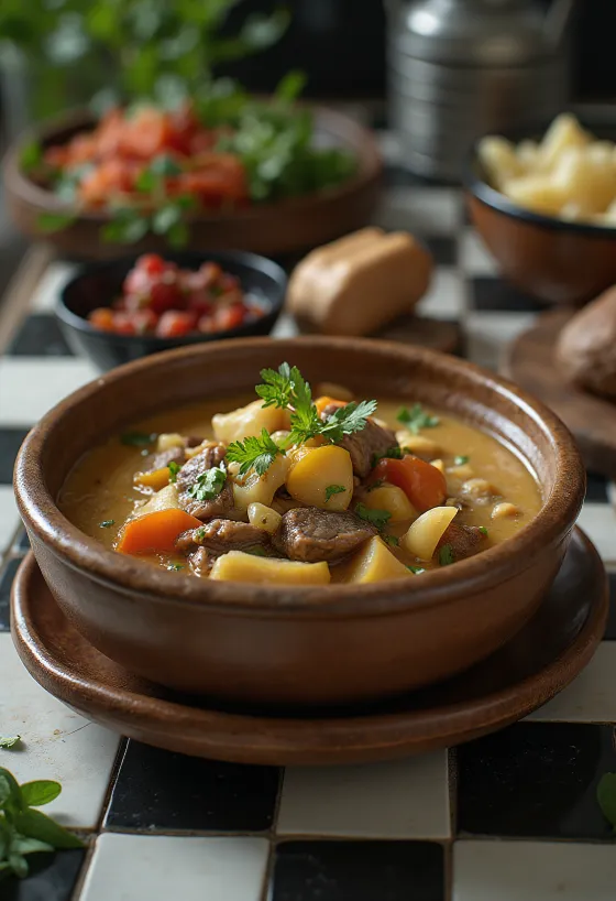 Ensopado de carne de iaque com chá de manteiga servido em uma tigela rústica com ervas frescas.
