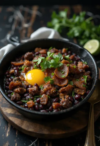 Feijão tropeiro com carne bovina, feijão preto, carne assada e ovo