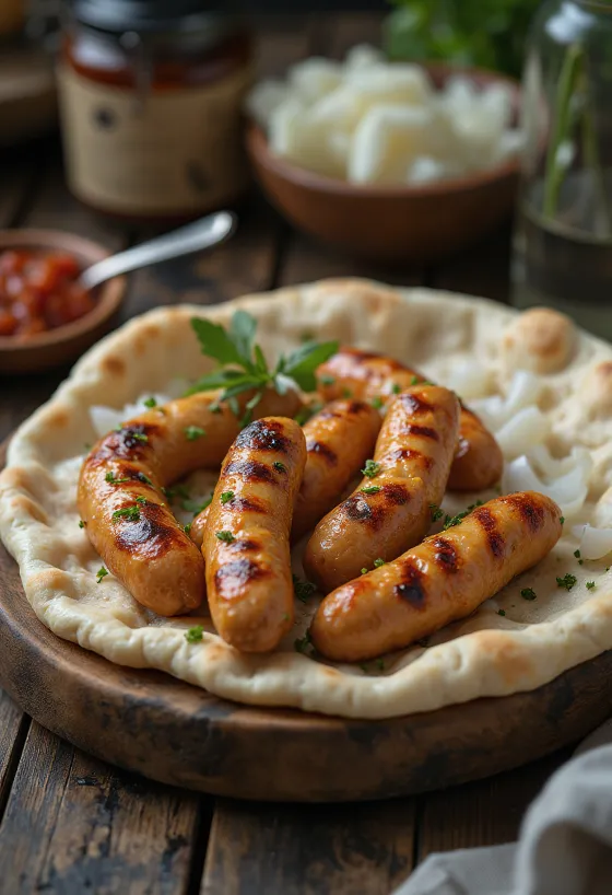 Cevapi clássico, recém-assado e dourado, servido no pão pita