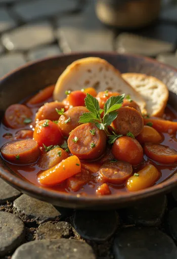 Lecsó servido com pimentão fresco, tomate e linguiça defumada