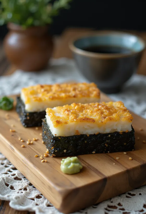 Oshizushi com tofu, sementes de gergelim e legumes frescos