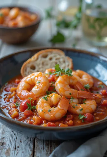 Camarão ao molho de tomate com ervas frescas e pão crocante