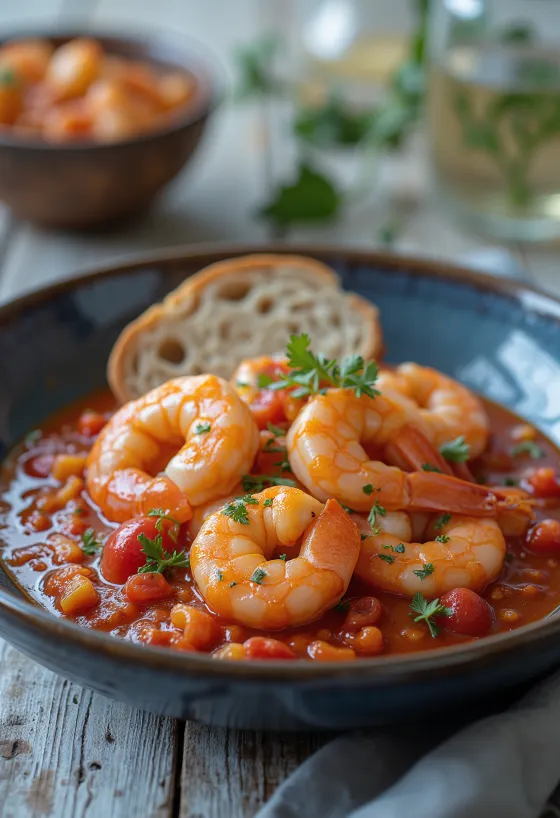 Camarão ao molho de tomate com ervas frescas e pão crocante
