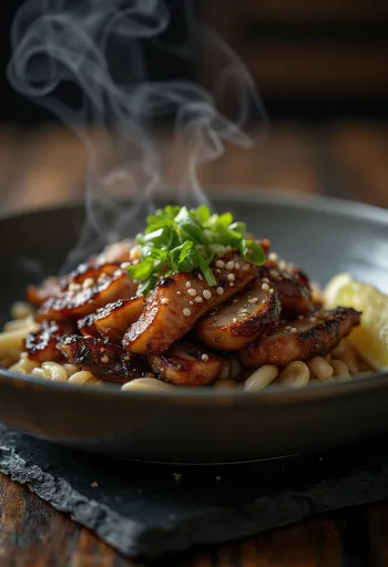 Bulgogi de Porco servido, com carne e limão