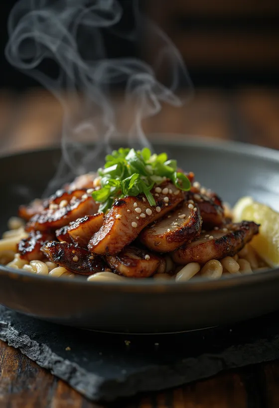 Bulgogi de Porco servido, com carne e limão