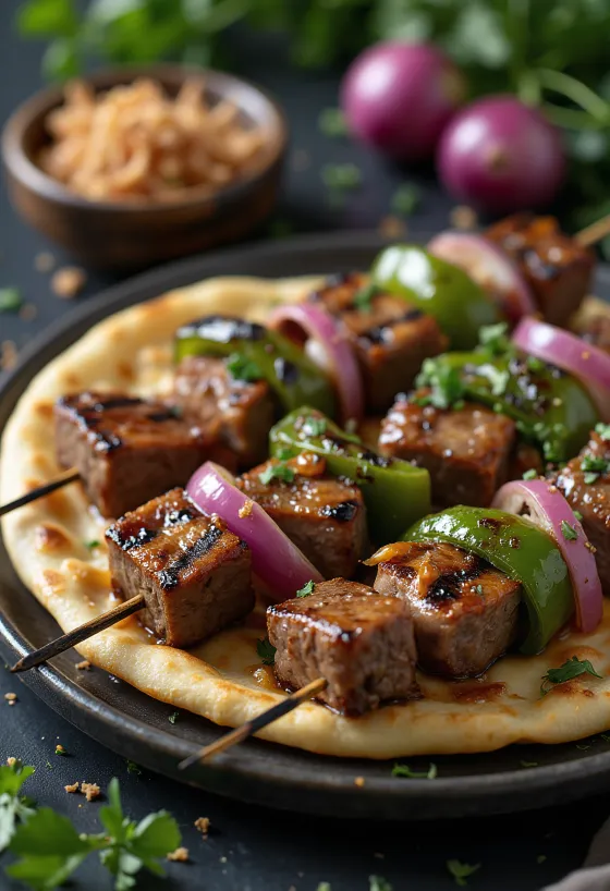 Espetinho de carne Dana Şiş servido com vegetais grelhados e pão sírio