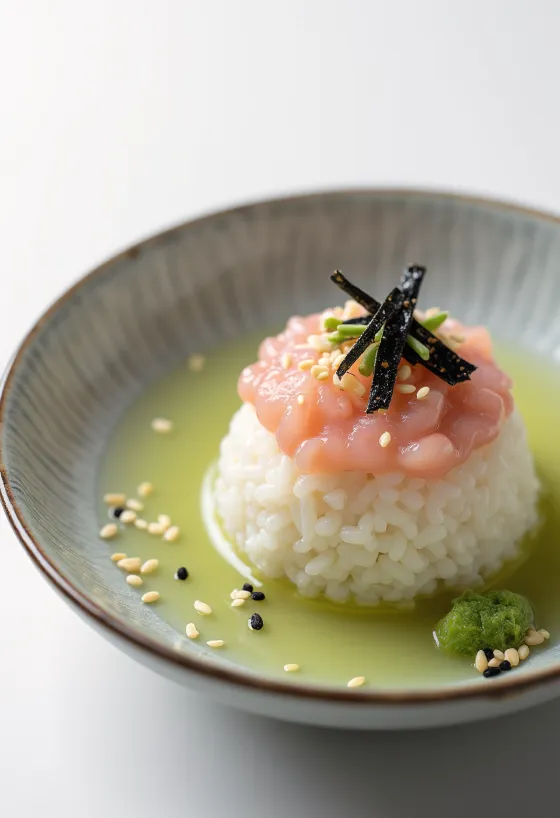 Mentaiko com chazuke, arroz rico, ovas de peixe e chá verde, decorado com coentro fresco