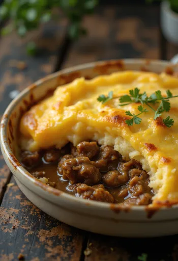 Shepherd’s pie servido com uma camada crocante de purê de batata