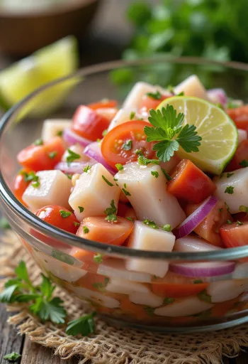 Ceviche clássico com limão, combinação fresca de peixe, abacate e tomate