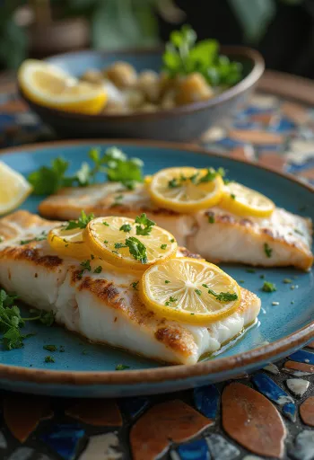 Coucou com peixe frito em molho de limão e alho, polvilhado com salsa fresca