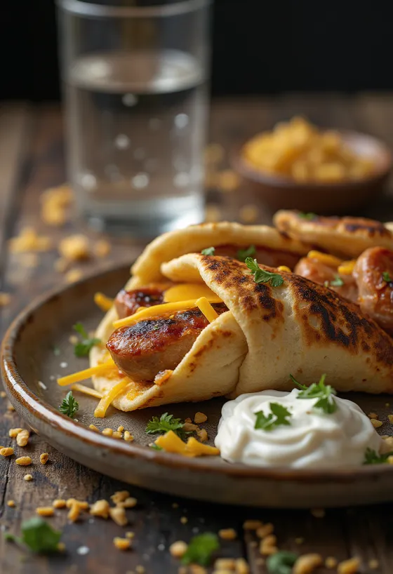 Pita com linguiça e queijo derretido com vegetais frescos