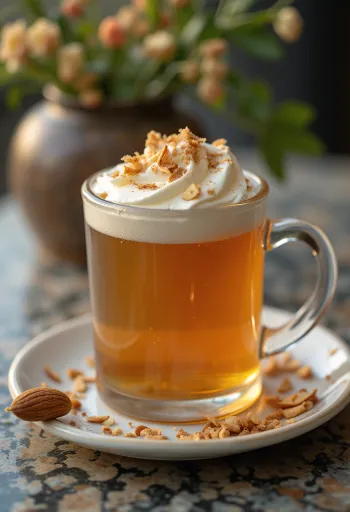 Copo de sidra quente coberto com chantilly e amêndoas