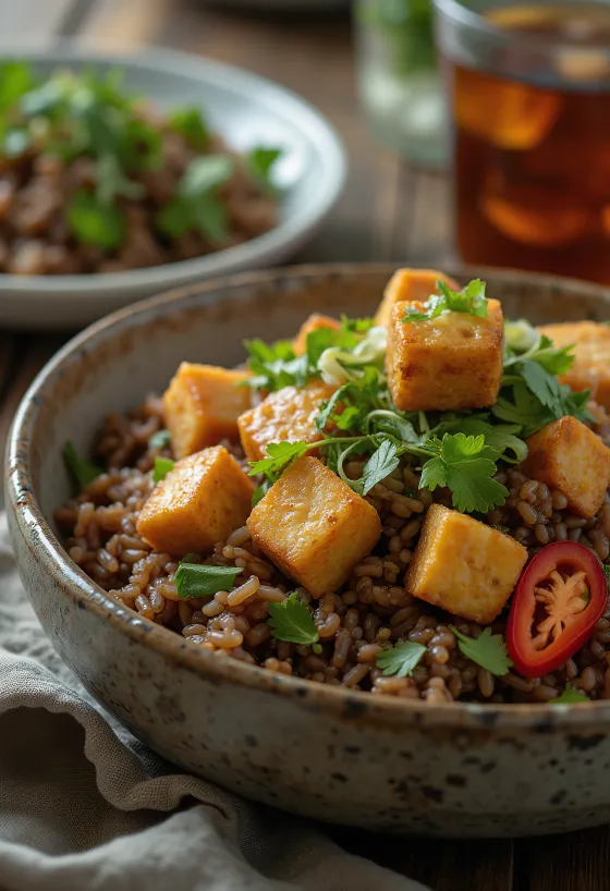 Nasi Goreng com tofu, servido com especiarias ricas e tofu fresco
