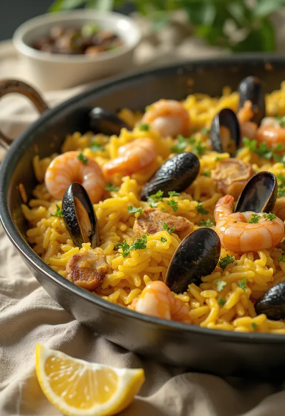 Paella com frutos do mar e frango servida