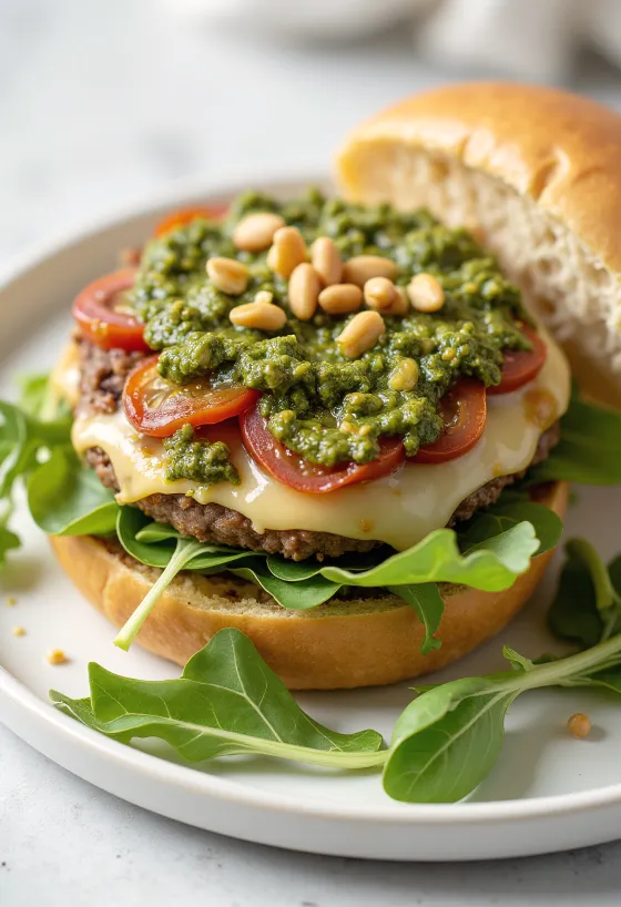Hambúrguer com pesto de manjericão e tomate seco