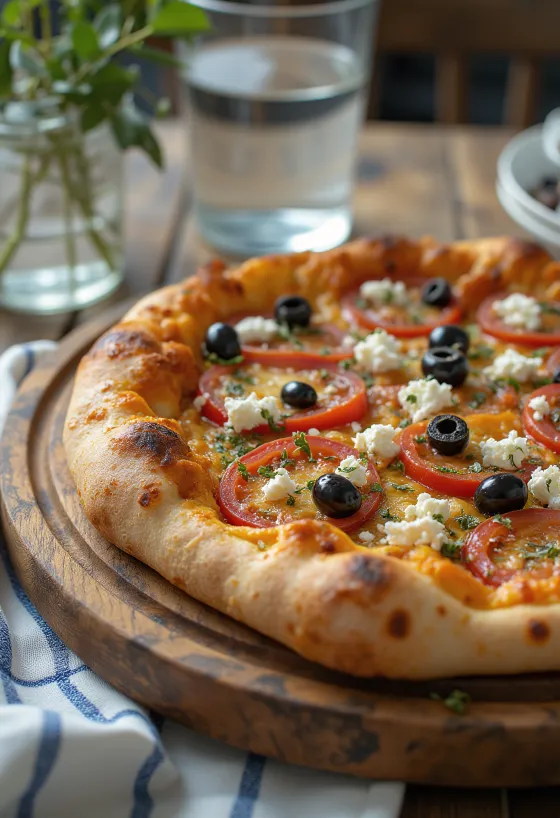 Pizza Grega com queijo feta, azeitona preta e tomate fresco
