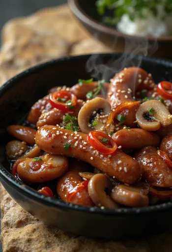 Sundae Jeongol Bokkeum, prato coreano de linguiça com cogumelos, pimenta vermelha e coentro