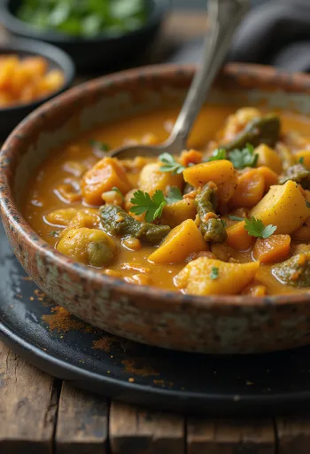 Curry vegano com legumes suculentos e decorado com coentro fresco