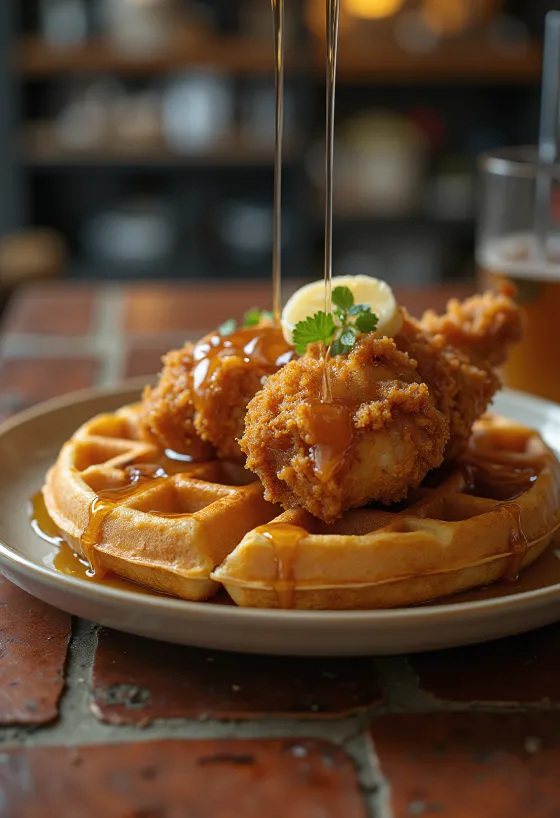 Frango e waffles no prato, regados com xarope de bordo