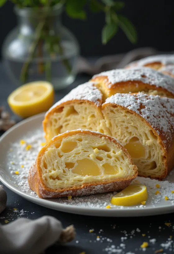 Stollen de Limão e Marzipã fatiado, polvilhado com açúcar de confeiteiro, em superfície rústica