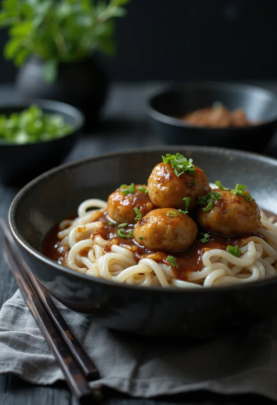 Almôndegas servidas com macarrão de arroz e molho de soja